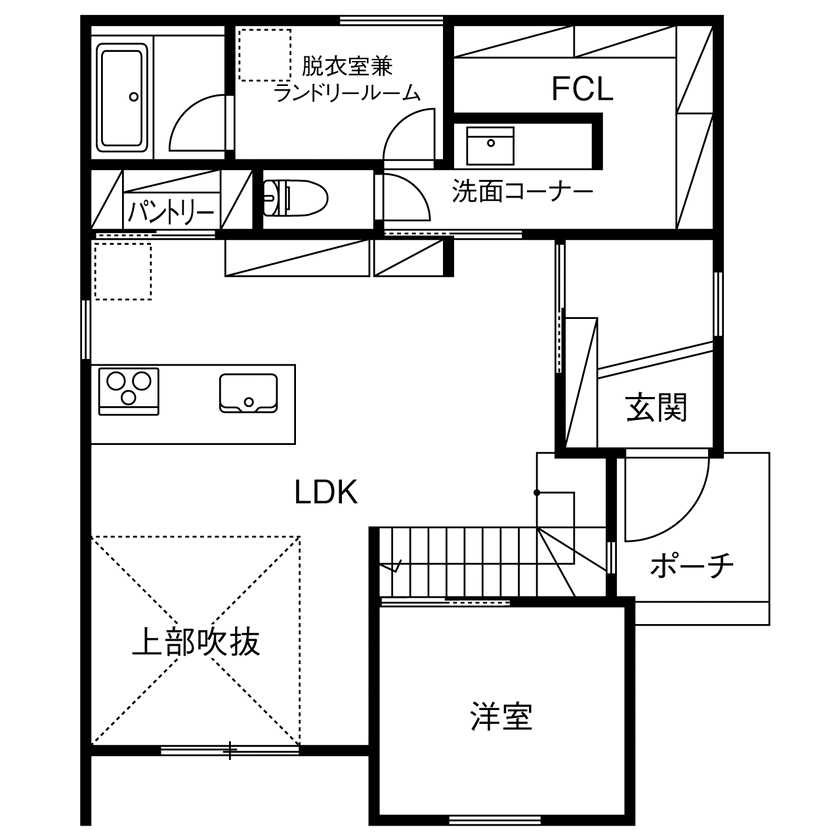 サートンホーム（横浜・相模原・八王子） 【2400万円台／吹抜／収納充実／間取図】旗竿地に建てた、今も未来も自分たちの暮らしにフィットする住まいの間取り図（4LDK+納戸+FCL）1階