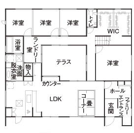 フェスティナ・レンテ 【平屋/30坪台/4LDK/間取り図】どの部屋も明るく、風が通り抜ける「中庭テラスのあるおしゃれな平屋の家」の間取り図（4LDK）１階