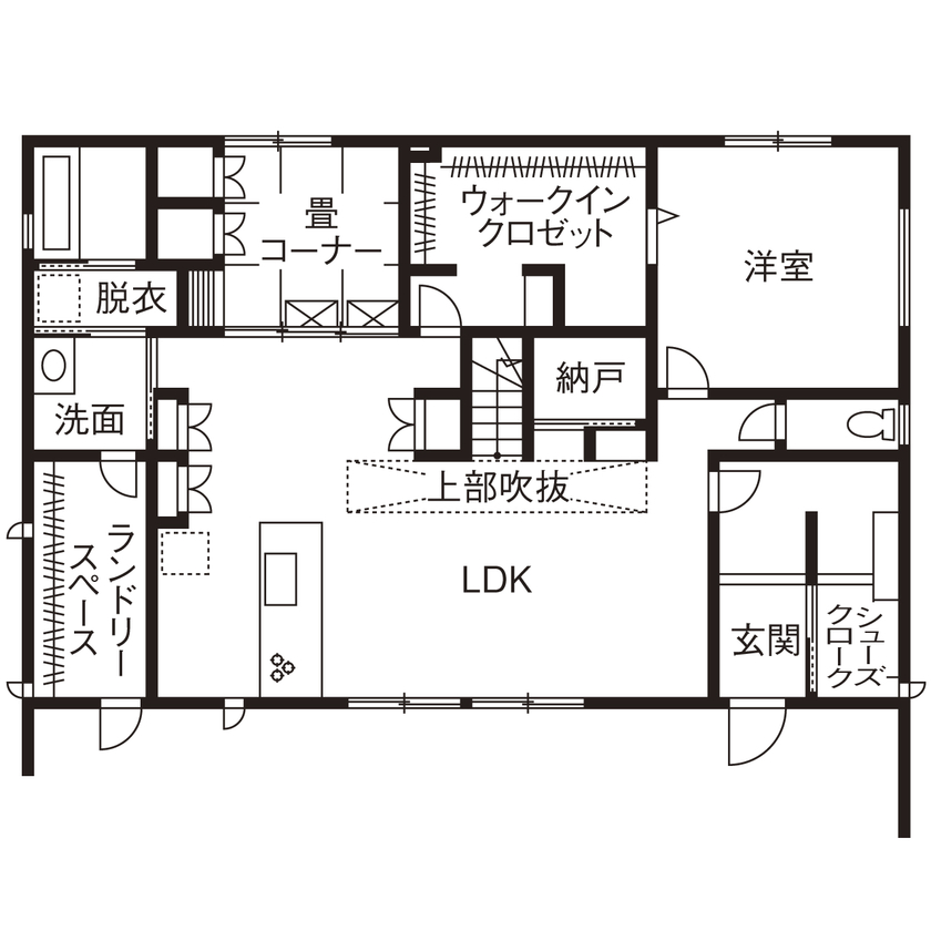 フェスティナ・レンテ 【2000万円台/40坪台/間取り図】平屋のように暮らせて家事ラク！リゾート気分で過ごせる広々リビングの家の間取り図（３LDK＋納戸）１階