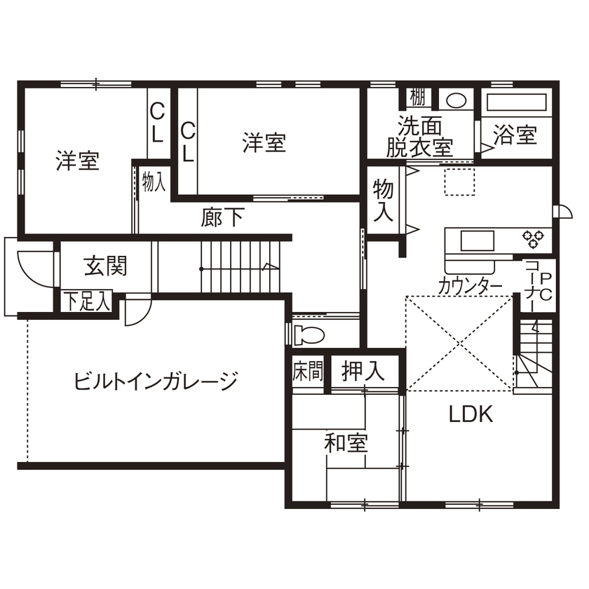 フェスティナ・レンテ 【2000万円台/平屋風/ビルトインガレージ/間取り図】高低差のある敷地で暮らすカリフォルニアの平屋風の家の間取り図（4LDK+ガレージ）1階