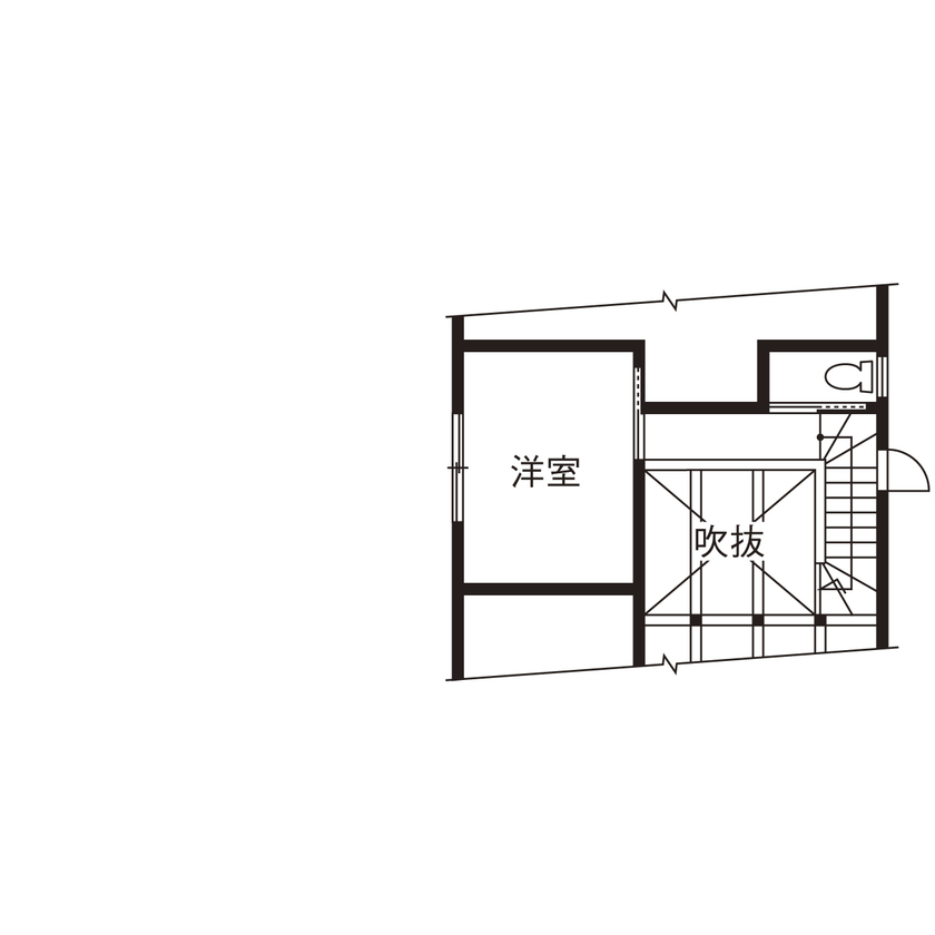 フェスティナ・レンテ 【2000万円台/平屋風/ビルトインガレージ/間取り図】高低差のある敷地で暮らすカリフォルニアの平屋風の家の間取り図（4LDK+ガレージ）2階