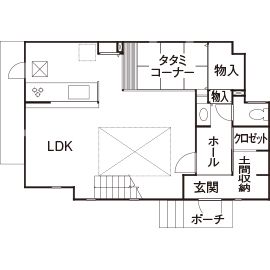 ライクスホーム 【1500万円/30坪】「ワンフロアみたいに声が届く」。吹き抜けが醸す家族の“つながり”／間取りありの間取り図（3LDK）１階