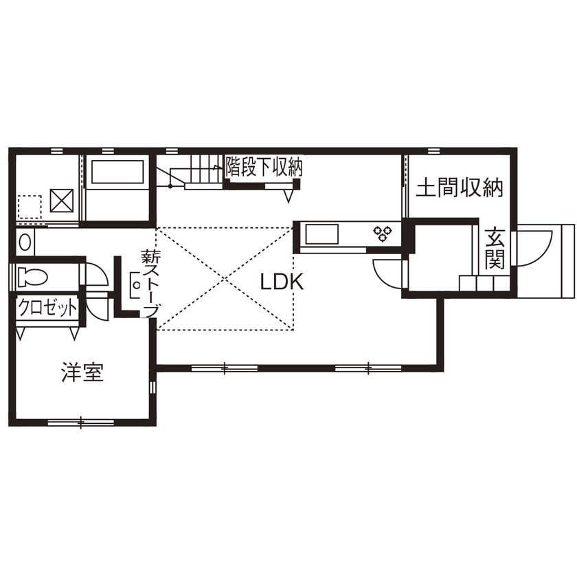 ライクスホーム 【2000万円/35.6坪/間取り/リビング階段/吹き抜け】薪ストーブを囲んで 3世代が団らんする終の棲家  の間取り図（3LDK）１階