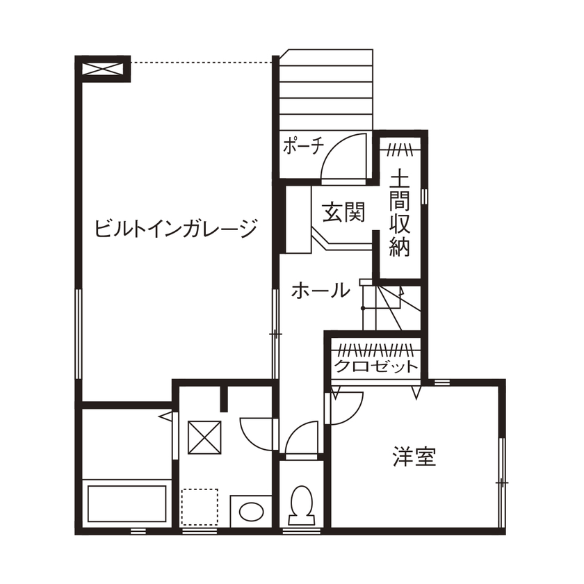 ライクスホーム 【2000万円／３階建て】念願のビルトインガレージと、県産材の無垢スギをたっぷり使ったＬＤＫのある住まいの間取り図（4LDK）１階
