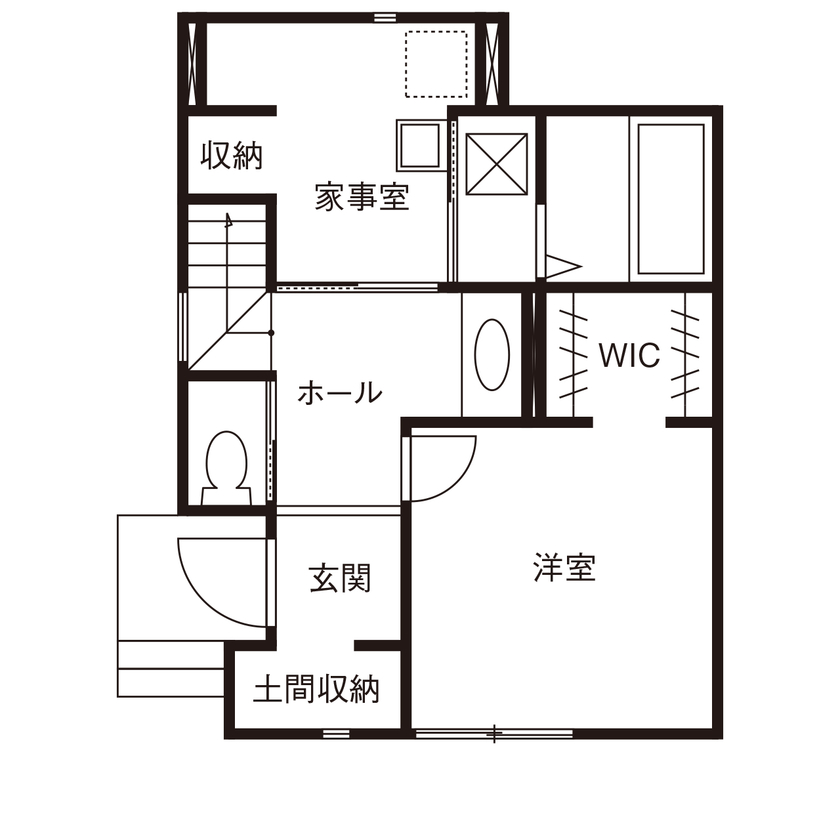 ライクスホーム 【1500～1999万円台/22.5坪】都内に多い狭小地。でも3階建てを駆使して、家族でゆったり暮らせる4LDKを実現の間取り図（4LDK＋家事室）１階