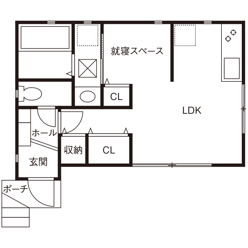 ライクスホーム 【998万円/10坪/平屋/間取り図有】必要な部分に必要な広さ。考え抜かれた動線面も◎な「ミニマル平屋」の間取り図（ワンルーム）１階