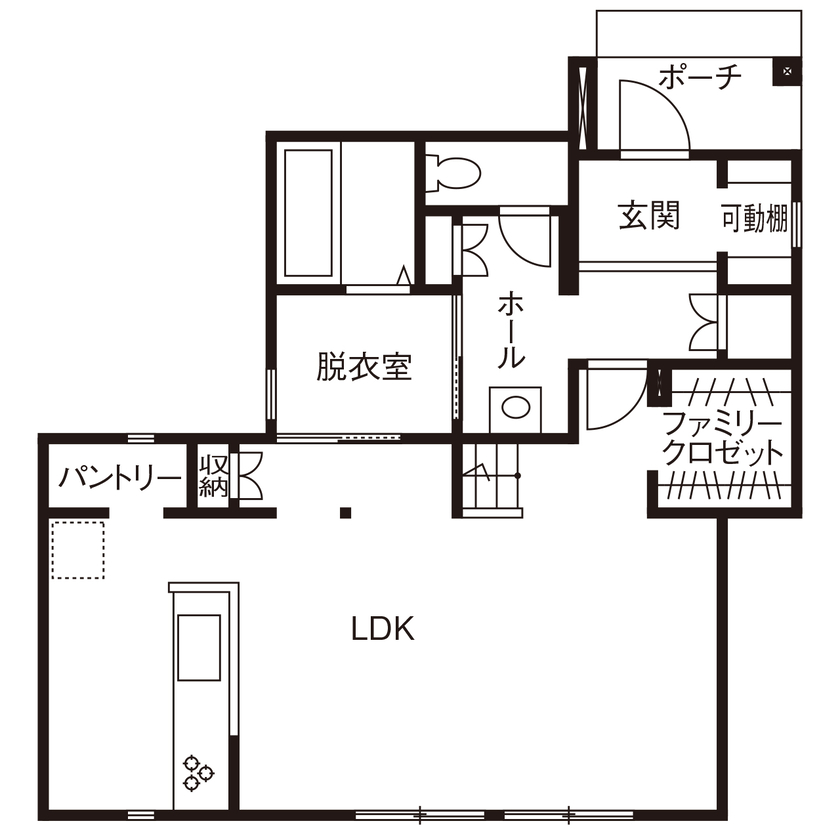 ライクスホーム 【1650万円/31坪/家事らく回遊動線/間取り図有】「白×木目」の優しい雰囲気でより健やかな子育てをの間取り図（2LDK＋書斎）１階