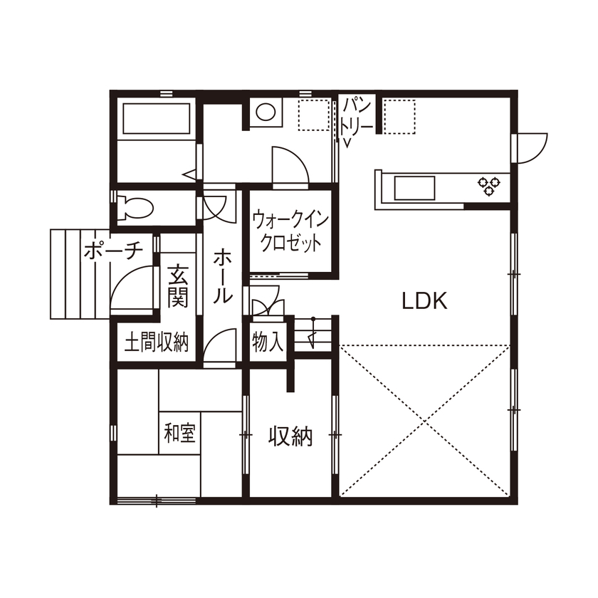 ライクスホーム 【1500万円/34坪/スキップフロア/間取り図有】２ＷＡＹ＆大きな床下収納が楽しい、自然素材の住まいの間取り図（3LDK＋書斎）１階