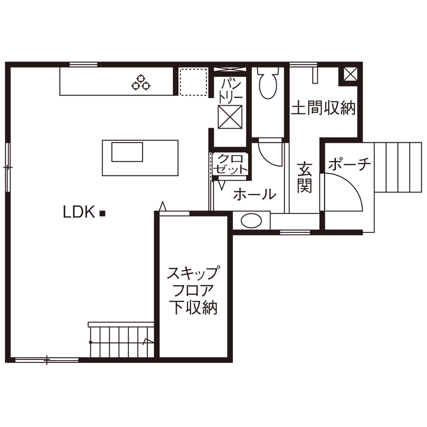 ライクスホーム 【1980万円/30坪/スキップフロア/間取り図有】 無垢材や塗り壁を用いた、洗練×利便を実現した邸宅の間取り図（3LDK）1階