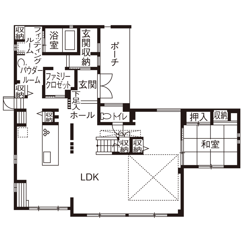 小林住宅 【大阪府/大開口リビング/ファミリーライブラリー/間取り】冬も半袖で過ごせる一年中春のように快適な家の間取り図（5K以上）1階