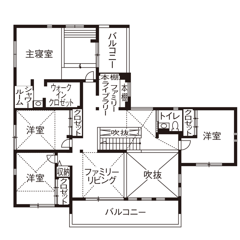 小林住宅 【大阪府/大開口リビング/ファミリーライブラリー/間取り】冬も半袖で過ごせる一年中春のように快適な家の間取り図（5K以上）2階