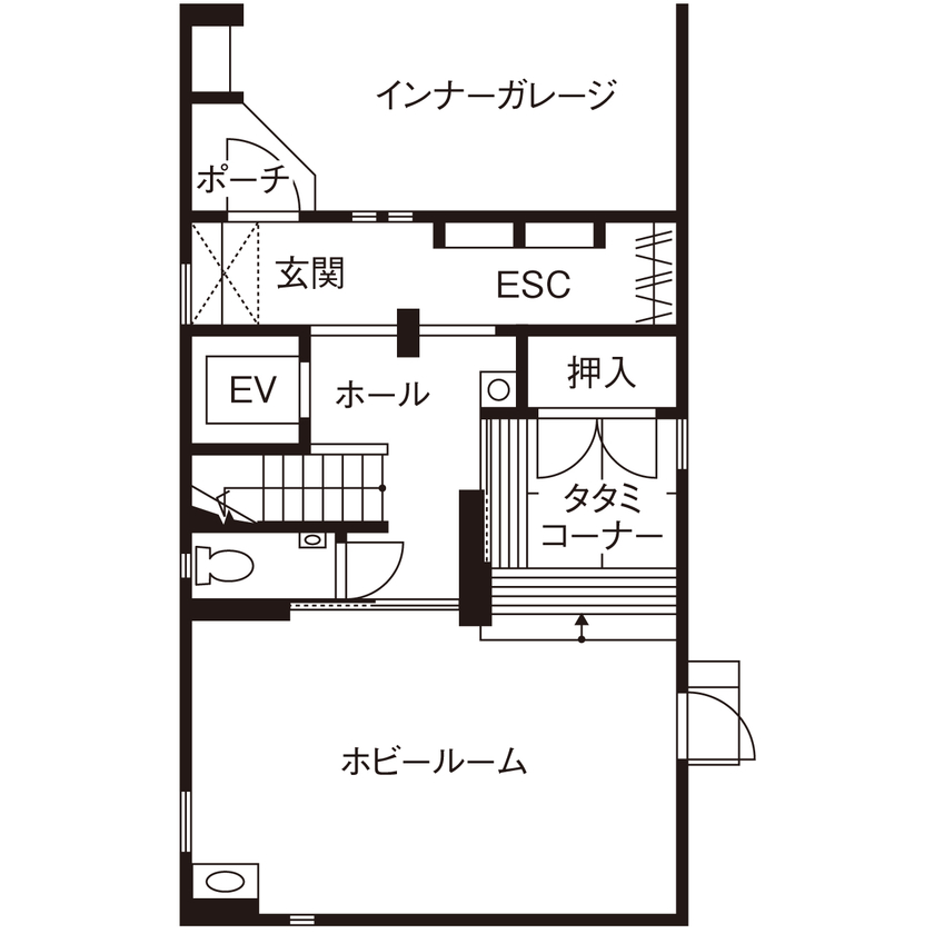 小林住宅 【大阪府/30坪/インナーガレージ/屋上バルコニー/間取り】家族の時間もひとりの時間も愉しむ3階建ての家の間取り図（4LDK）1階
