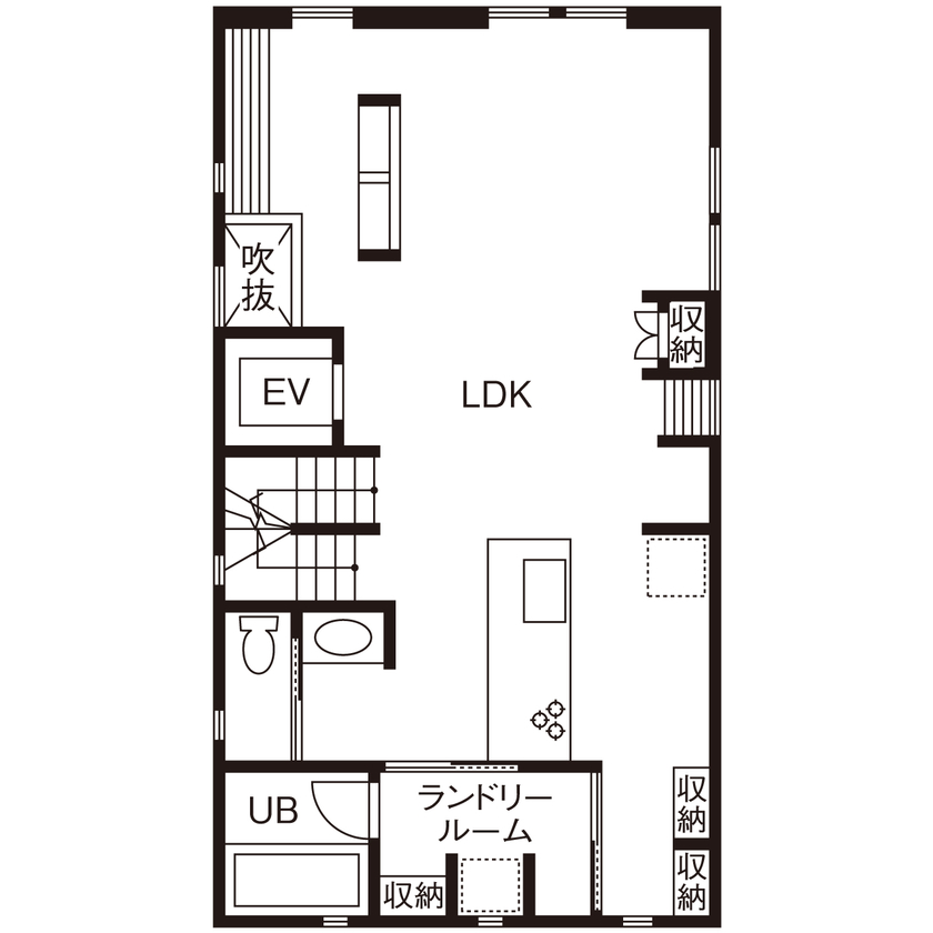 小林住宅 【大阪府/30坪/インナーガレージ/屋上バルコニー/間取り】家族の時間もひとりの時間も愉しむ3階建ての家の間取り図（4LDK）2階