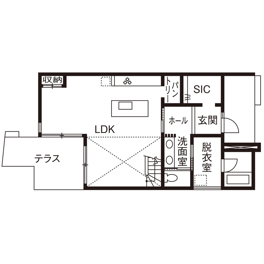 田辺工務店　一級建築士事務所 【藤沢市/3LDK/吹抜け】テラスと吹抜けが生み出す開放感。断熱性能にもこだわった住まいの間取り図（3LDK）1階