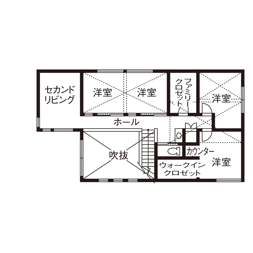 田辺工務店　一級建築士事務所 【藤沢市/3LDK/吹抜け】テラスと吹抜けが生み出す開放感。断熱性能にもこだわった住まいの間取り図（3LDK）2階