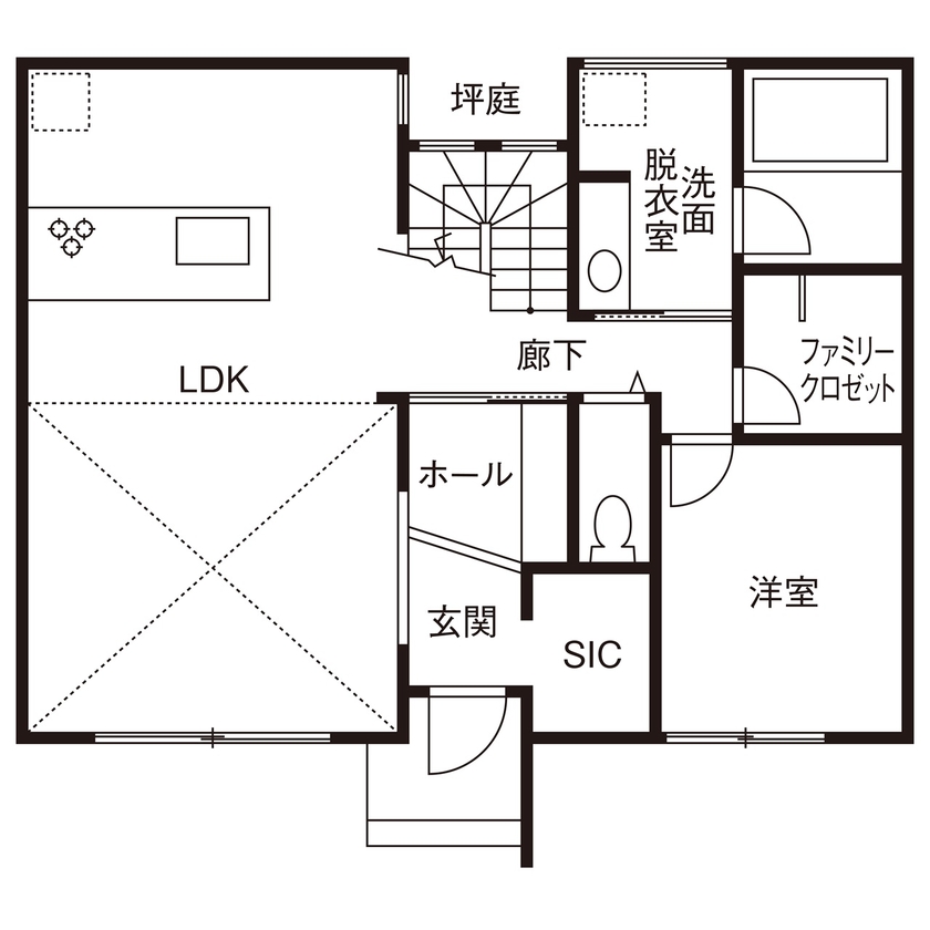 田辺工務店　一級建築士事務所 【藤沢市/2LDK/吹抜け】中庭とつながる大開口で開放感抜群。吹抜けのあるカフェ風の住まいの間取り図（2LDK）1階