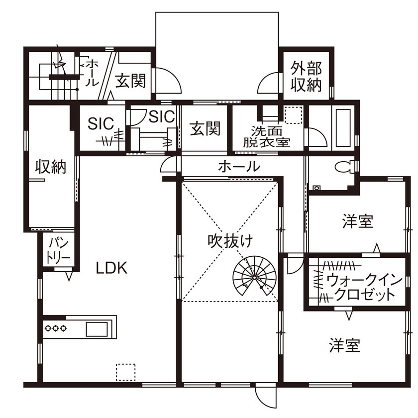 田辺工務店　一級建築士事務所 【茅ヶ崎市/2LDK＋3LDK/二世帯】フロアと家族をつなぐ螺旋階段が中心の住まいの間取り図（2LDK＋3LDK）1階