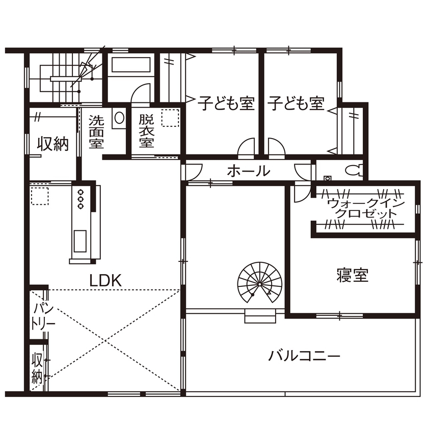 田辺工務店　一級建築士事務所 【茅ヶ崎市/2LDK＋3LDK/二世帯】フロアと家族をつなぐ螺旋階段が中心の住まいの間取り図（2LDK＋3LDK）2階