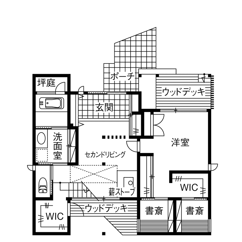 自然流健康の家　こばじゅう 【2階リビング／自然素材／間取図】湖を眺め、木の温もりに癒されて、心も身体もゆったりと寛げる木の家の間取り図（3LDK+畳コーナー）1階