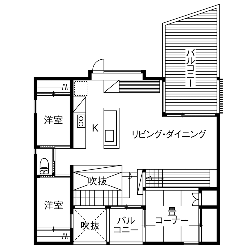自然流健康の家　こばじゅう 【2階リビング／自然素材／間取図】湖を眺め、木の温もりに癒されて、心も身体もゆったりと寛げる木の家の間取り図（3LDK+畳コーナー）2階