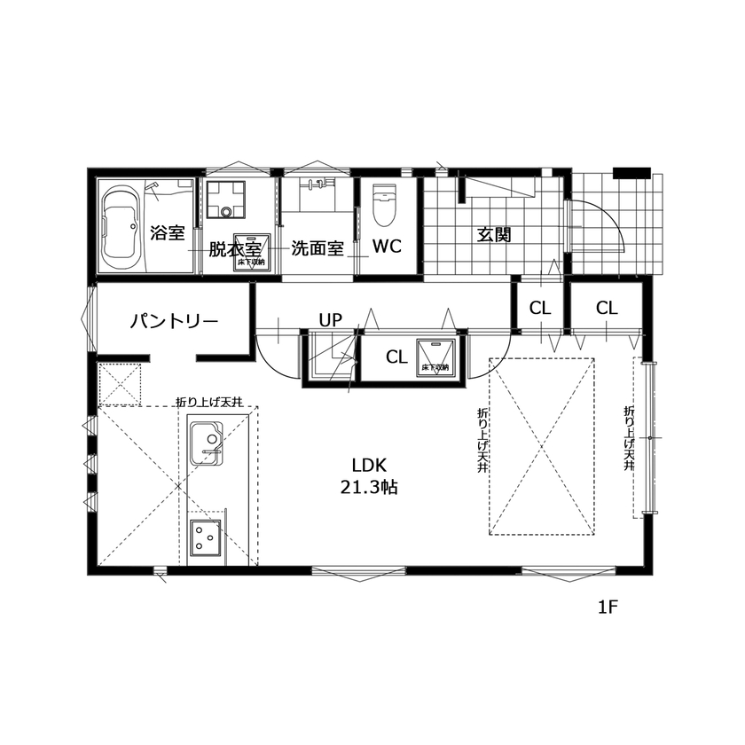 大成住宅 【ホテルライク/屋上/収納充実/間取り図有】普段の生活を大切にしつつ仕事に集中できる書斎のある家の間取り図（３LDK＋屋上）1階