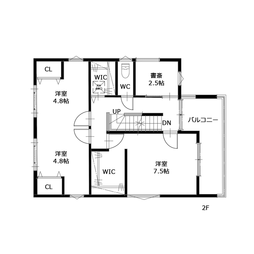 大成住宅 【ホテルライク/屋上/収納充実/間取り図有】普段の生活を大切にしつつ仕事に集中できる書斎のある家の間取り図（３LDK＋屋上）2階