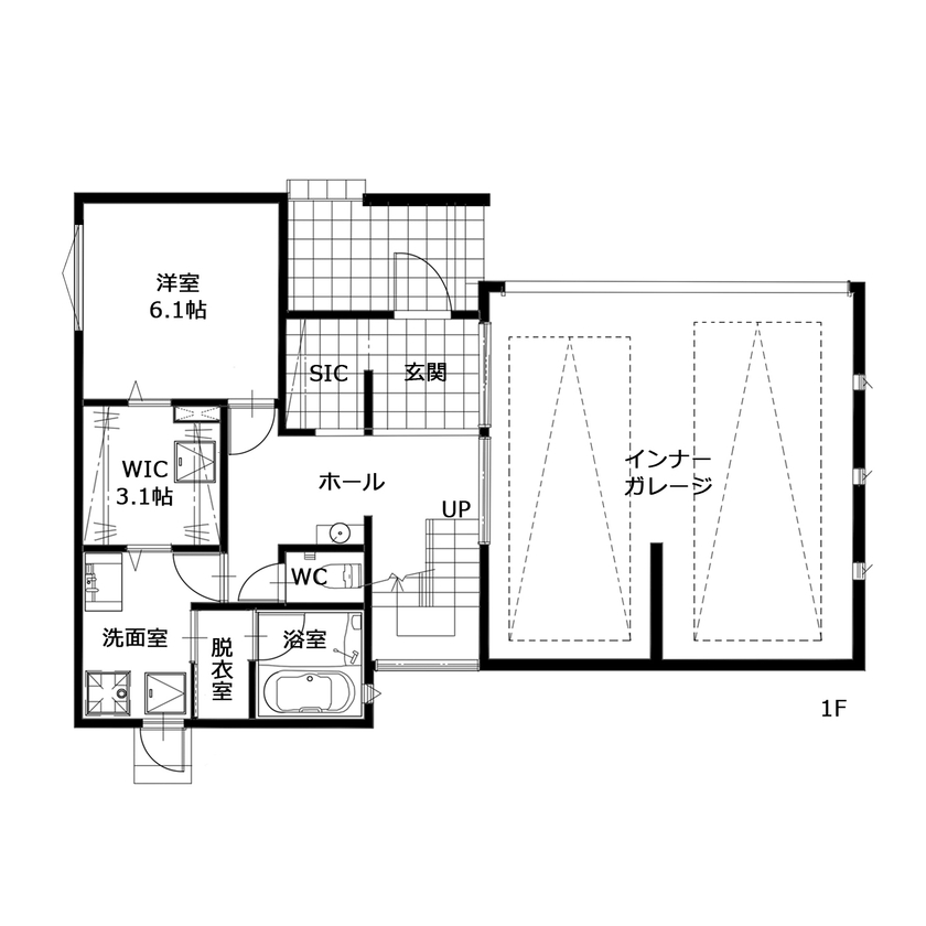 大成住宅 【2LDK/インナーガレージ/WIC/間取り図有】趣味を楽しみオープンエアリビングで寛ぐ2階リビングの家の間取り図（2LDK）1階