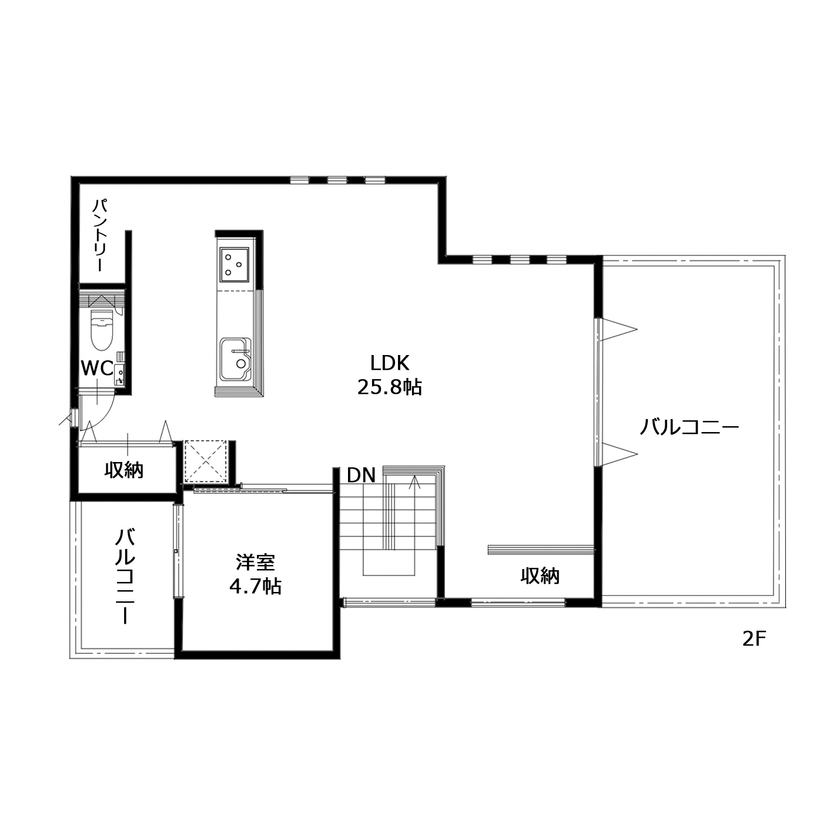 大成住宅 【2LDK/インナーガレージ/WIC/間取り図有】趣味を楽しみオープンエアリビングで寛ぐ2階リビングの家の間取り図（2LDK）2階