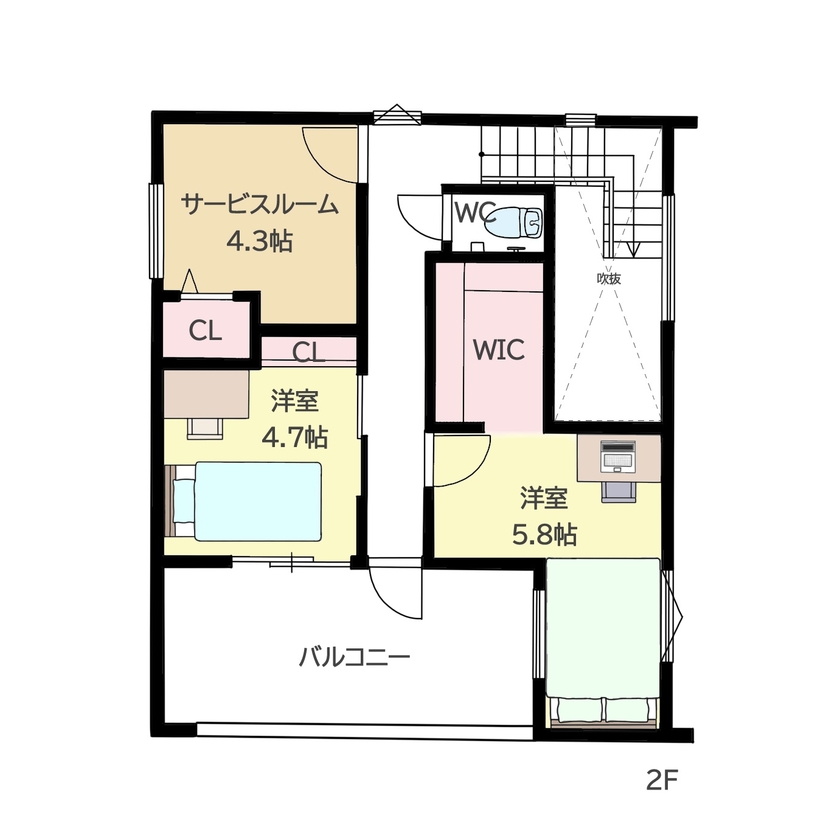 大成住宅 【2200万円/3LDK+S/間取り図有】爽やかな風と心地よい光が差し込むカフェ×インダストリアル風の家の間取り図（3LDK+S）2階