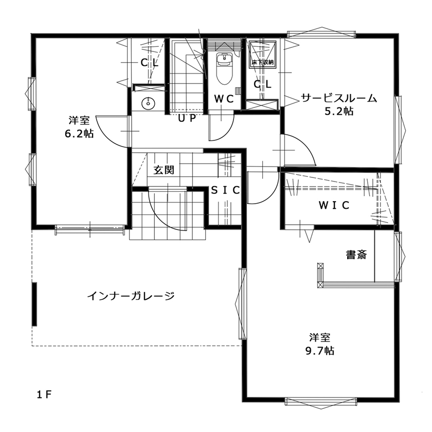 大成住宅 【SLDK/SIC/WIC/書斎/ランドリースペース/間取り図有】家事楽アイディアが詰まった北欧モダンな家の間取り図（2SLDK+SIC+WIC+書斎）1階