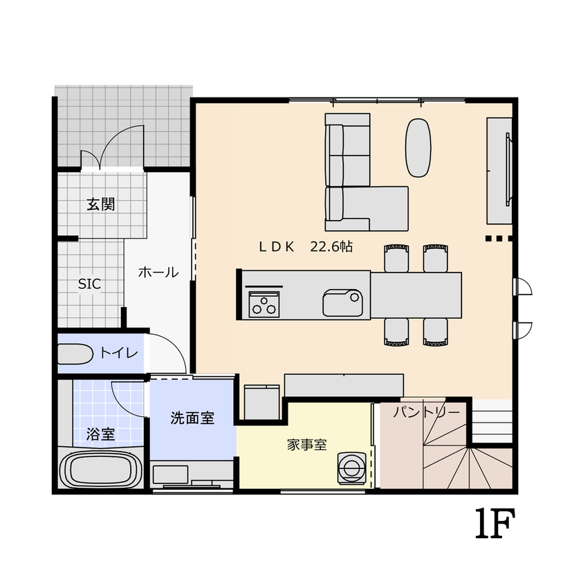 大成住宅 【可変型2LDK/回遊導線/敷地約45坪/間取り図有】家族と空間がつながる家の間取り図（2（3）LDK＋WIC）1階