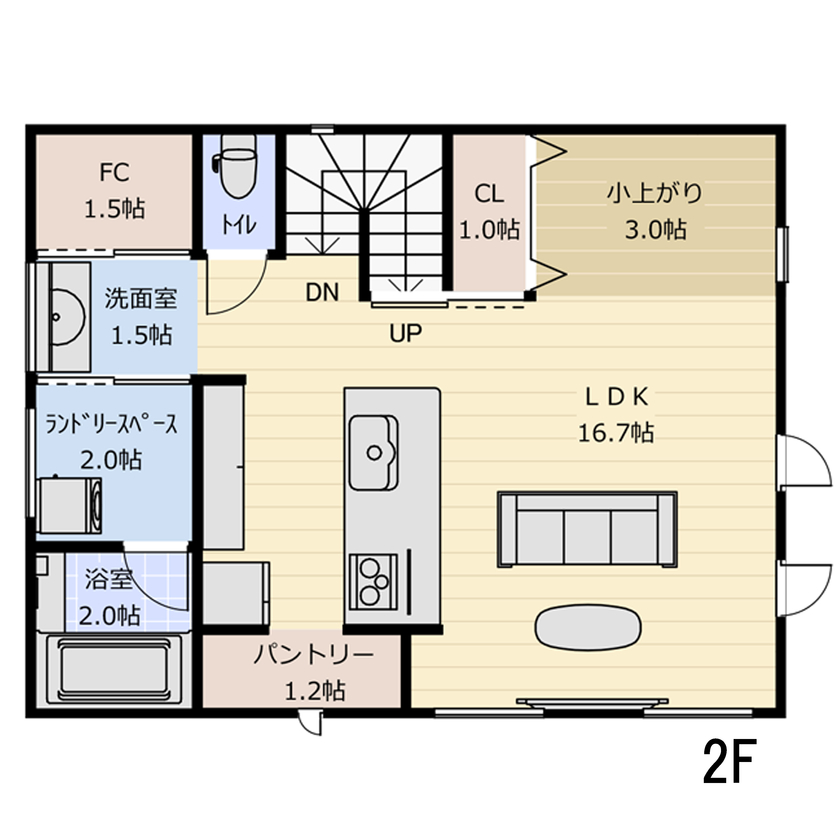 大成住宅 【3LDK/大容量収納/敷地約33坪/間取り図有】2階に水廻りを集約した上下移動なしの家事ラク設計の間取り図（3LDK+FCL+パントリー）2階