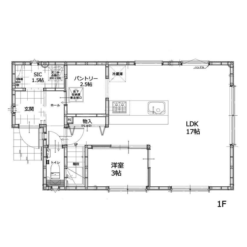 大成住宅 【3LDK/大容量収納/回遊導線/敷地約34坪/間取り図有】効率的な日常を過ごせる家の間取り図（3LDK+WIC+パントリー）1階