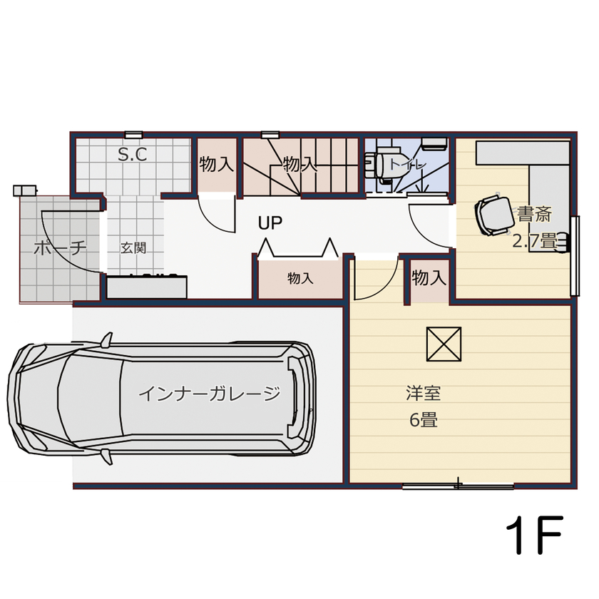 大成住宅 【4LDK/SIC/書斎/ガレージ/間取り図有】共働き夫婦が選んだ、働きながら・育てながら・楽しむ家の間取り図（4LDK+SIC+WIC+書斎）1階