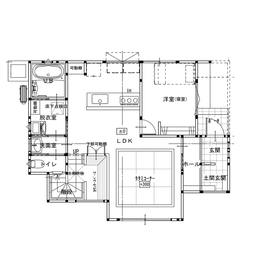 倉敷ハウジング(パナソニックビルダーズグループ) 【2000～2499万円／間取図有／スキップフロア／ダウンフロアリビング】どこにいても家族がつながる理想の家の間取り図（3LDK）１階