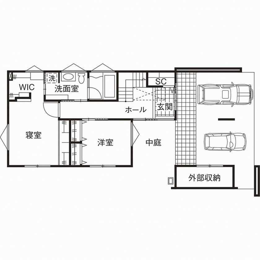 栃木ハウス 淡い光と素材が織りなす癒し空間。狭小地でも心地よく過ごす、美しきデザイン住宅の間取り図（2LDK）1階