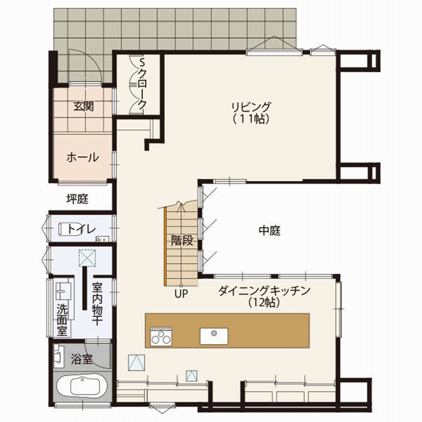 栃木ハウス テラスからの陽光を室内に取り込む「プライベートテラス」で内と外をつなぐ開放感のある住まいの間取り図（3LDK）１階