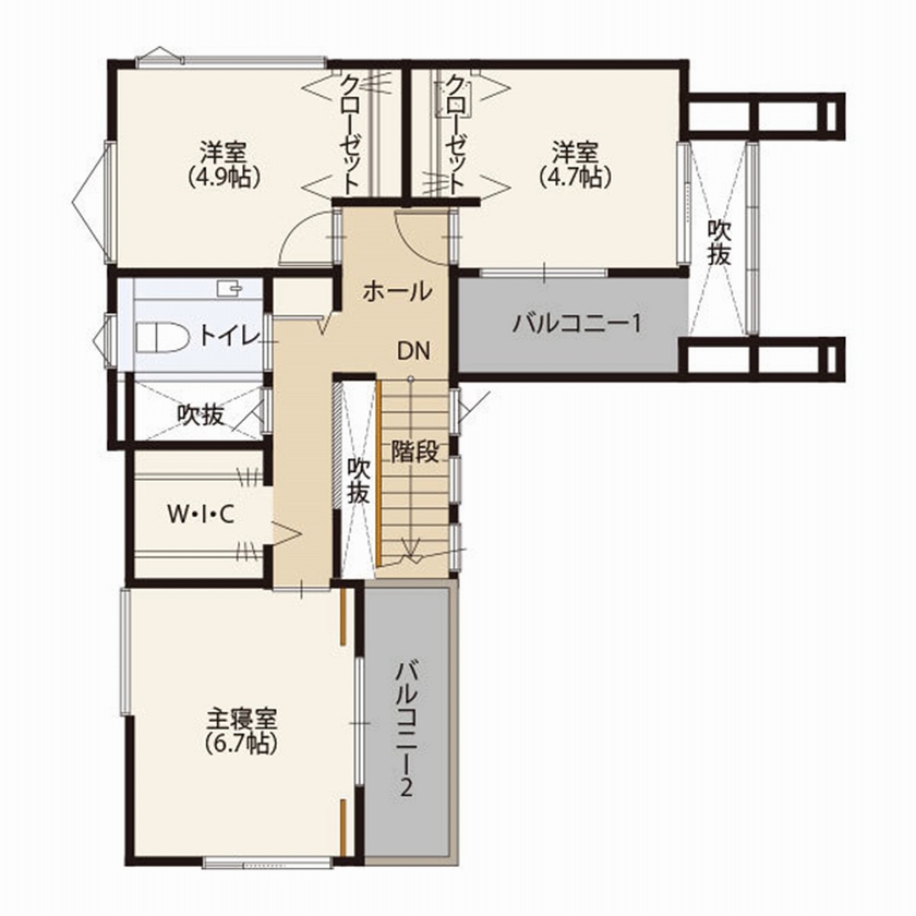 栃木ハウス テラスからの陽光を室内に取り込む「プライベートテラス」で内と外をつなぐ開放感のある住まいの間取り図（3LDK）２階