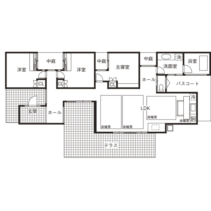 栃木ハウス 【石の家】那須の自然の中に佇む　優雅で上質な平屋の住まい＜見学可能＞の間取り図（3LDK）1階