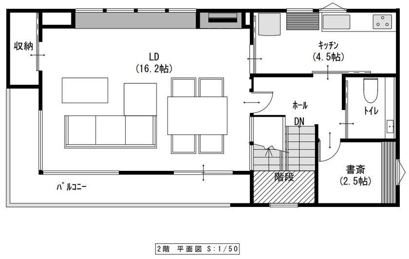 栃木ハウス 【間取り図有】見晴らしのいい高台に建つシンプルモダンな住宅の間取り図（3LDK）2階