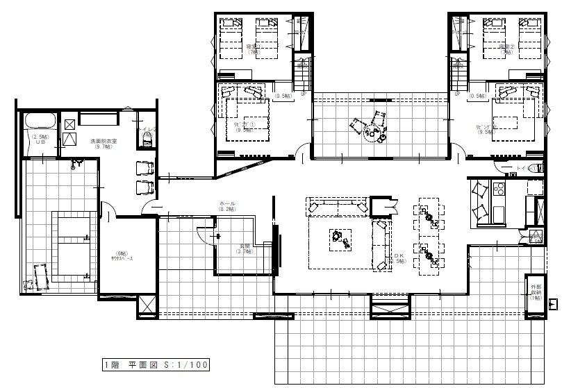 栃木ハウス 水盤が美しい、アウトドアリビングがある別荘の間取り図（3LLLDK）1階
