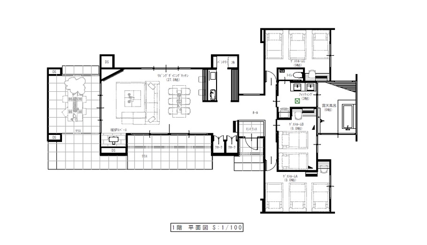 栃木ハウス スタイリッシュで大きな窓がある開放的な別荘の間取り図（3LDK）1階