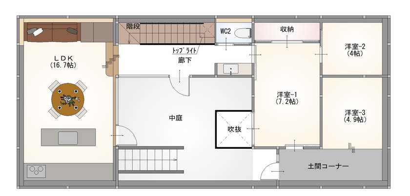 栃木ハウス 白い箱とコンクリートの融合 まるで洞窟のような静寂な空間へと導くデザインの間取り図（4LDK）2階