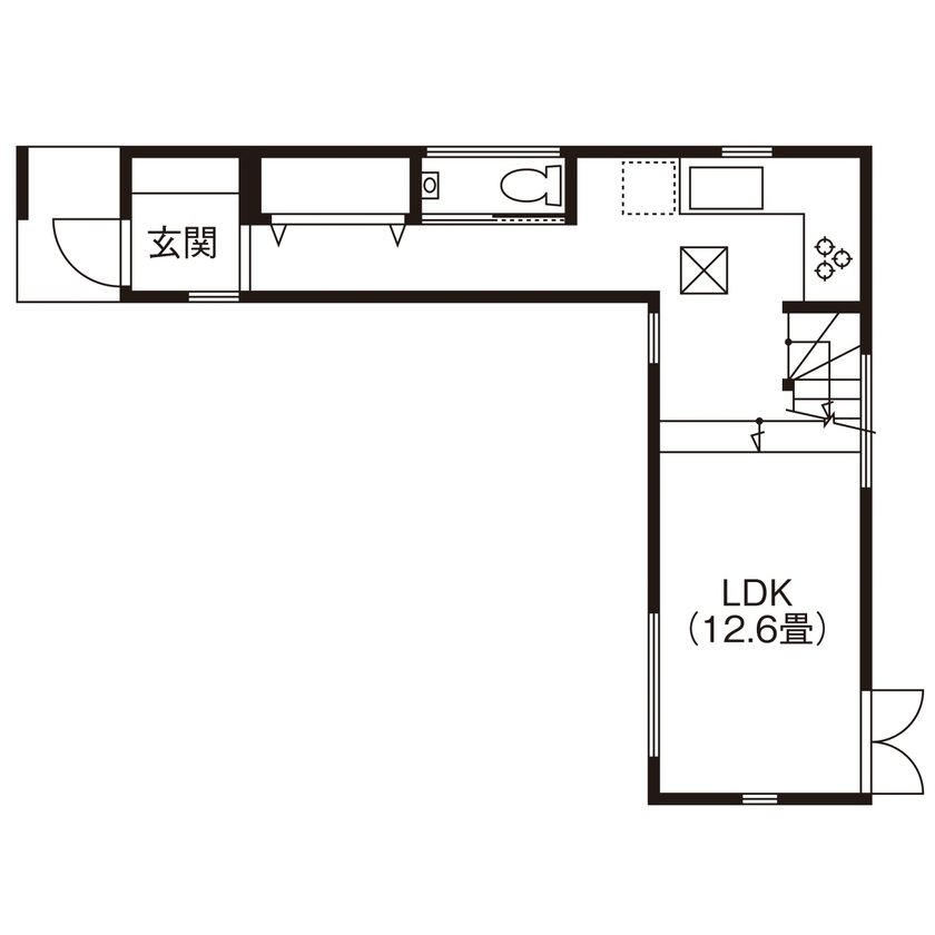 BLISS 【敷地面積15.9坪/1000万円台/間取り図有り】グレーチングと吹き抜けで明るさを確保したL字型の狭小住宅の間取り図（2LDK）1階