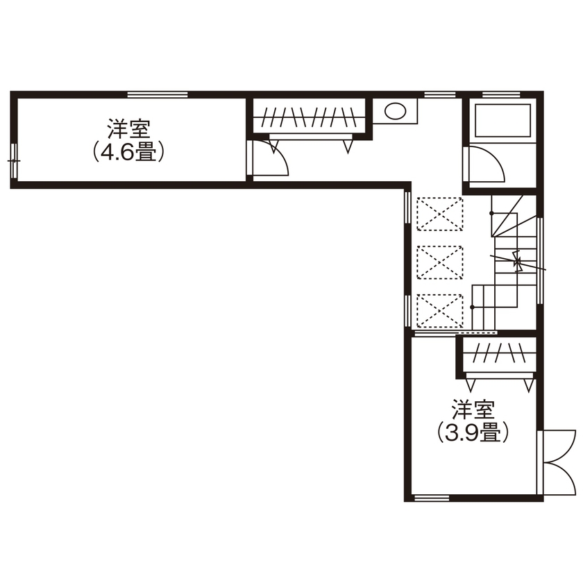 BLISS 【敷地面積15.9坪/1000万円台/間取り図有り】グレーチングと吹き抜けで明るさを確保したL字型の狭小住宅の間取り図（2LDK）2階
