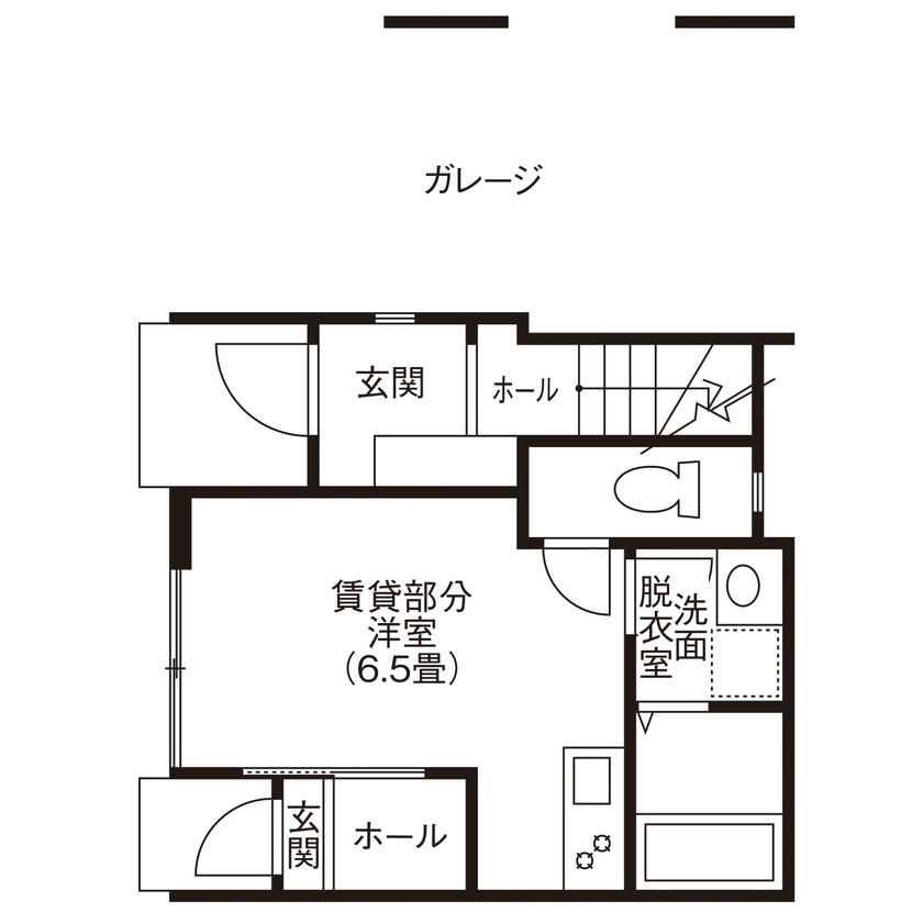 BLISS 【敷地面積15.2坪/2200万円/間取り図有り】煉瓦造り風の壁面が映える、狭小地に建つ開放的な賃貸併用住宅の間取り図（2LDK+1R）1階