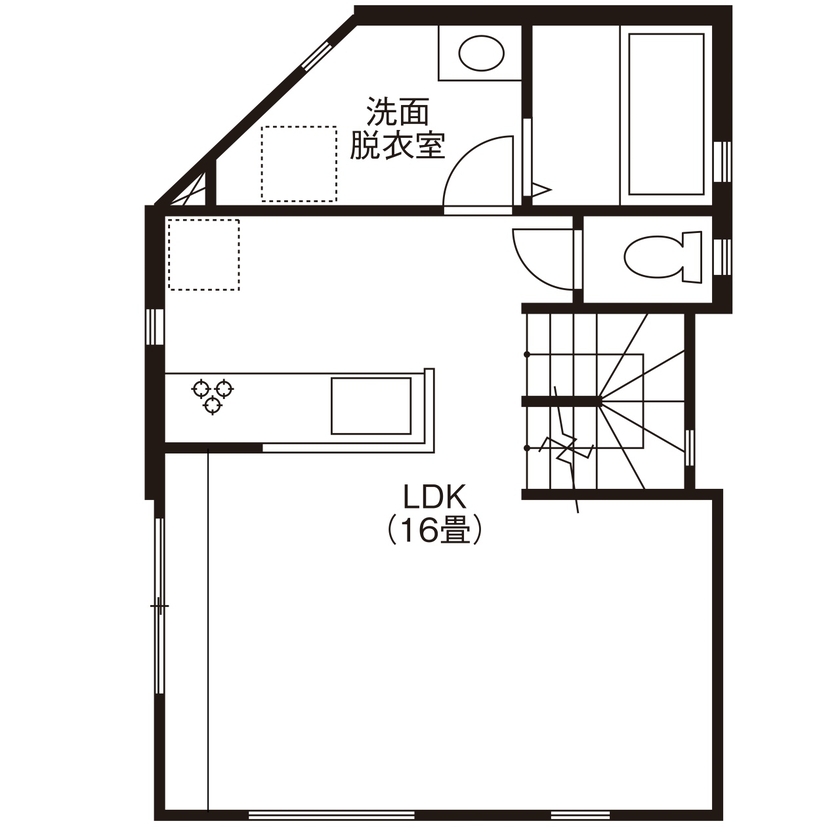 BLISS 【敷地面積15.2坪/2200万円/間取り図有り】煉瓦造り風の壁面が映える、狭小地に建つ開放的な賃貸併用住宅の間取り図（2LDK+1R）2階