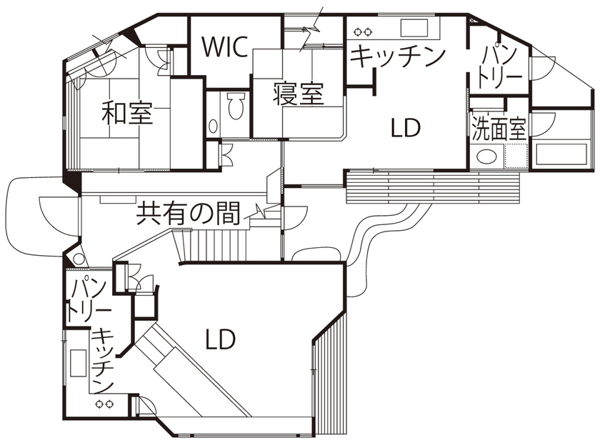 トトモニ　一級建築士事務所 【二世帯住宅/4500万円～/52坪】崖地の眺望を最大限に活かす。ゆるやかで、やさしい時間が流れる二世帯住宅の間取り図（3LDK＋1LDK）１階