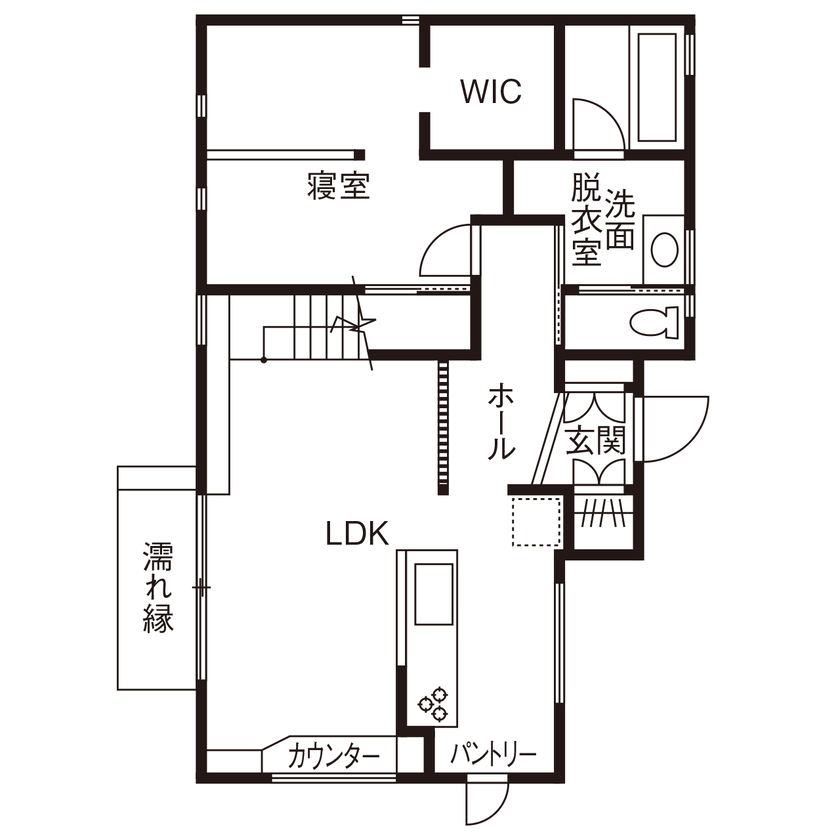 トトモニ　一級建築士事務所 【平屋スタイル/3000万円台/26坪】お互いの存在を生活の中で感じられる。心も身体も温かくなる「終の棲家」の間取り図（1LDK＋広間）１階