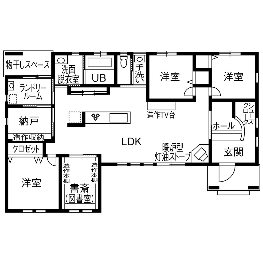 Inoue・Giken 井上技建 【田舎風塗り壁×平屋】木の家で子育てしたい！木に包まれた明るい4LDK。ハンモックゆ～らゆら♪間取図掲載の間取り図（4LDK）1階